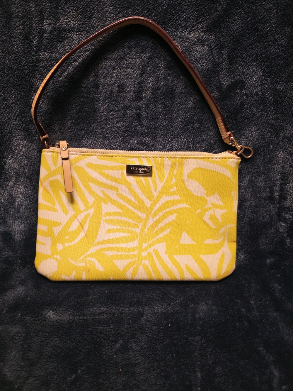 Kate Spade Yellow Leaf-Print Wristlet with Tan Strap